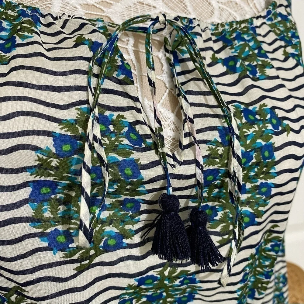 Tory Burch Top white Green Flora Cotton Scoop Neck Keyhole Tunic Elastic waist 6
